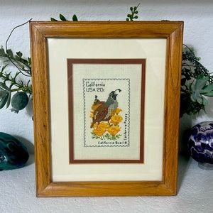 Cross Stitch California Quail and Poppy USA Stamp Framed Art
